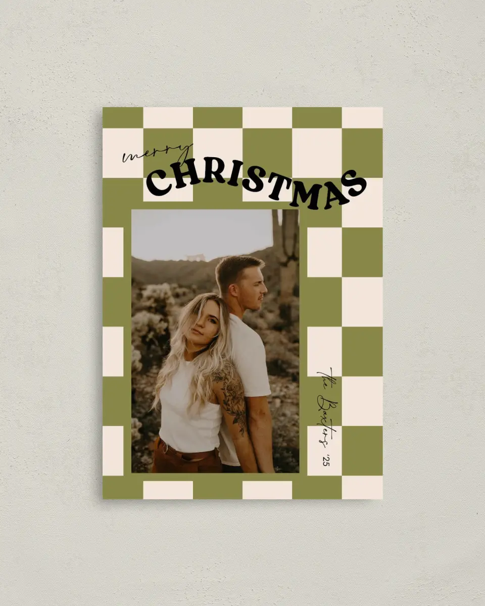 This is a 4" x 5.6" Christmas Card called Cheerful Check printed in full color on Premium Smooth paper
