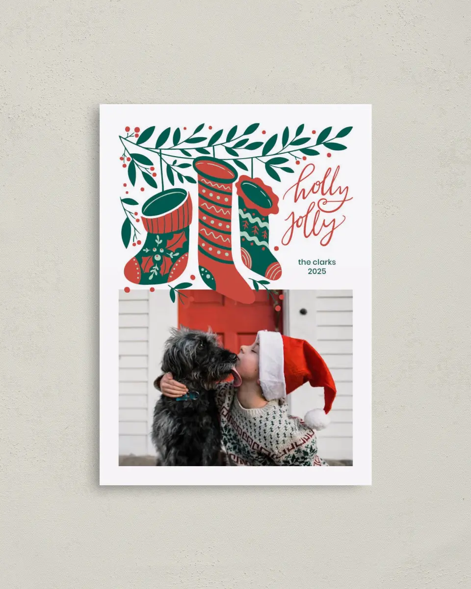 This is a 4" x 5.6" Christmas Card called Jolly Stockings printed in full color on Premium Smooth paper