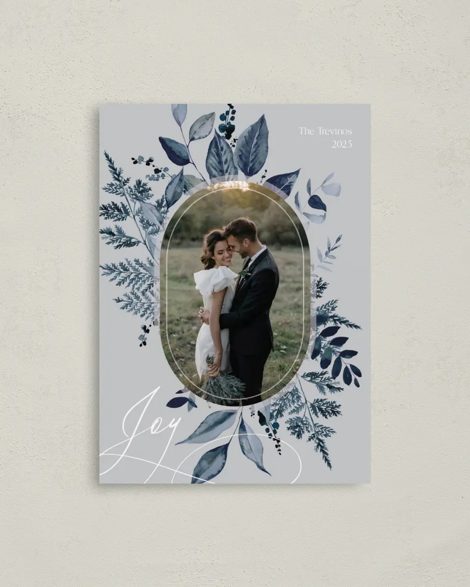 This is a 4" x 5.6" Christmas Card called Blue Botanics printed in full color on Premium Smooth paper