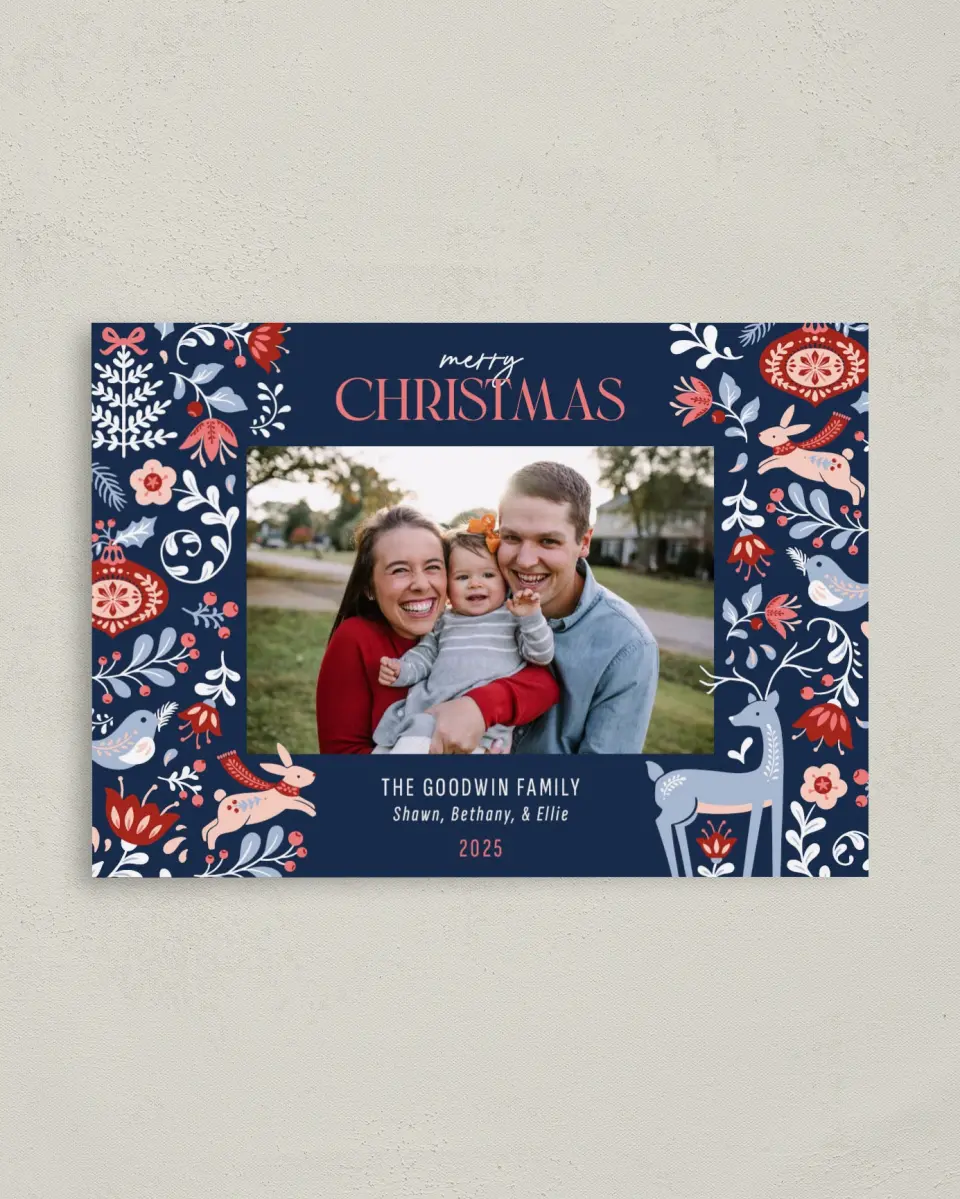 This is a 4" x 5.6" Christmas Card called Festive Winter printed in full color with Silver foil on Soft Suede (coated) paper