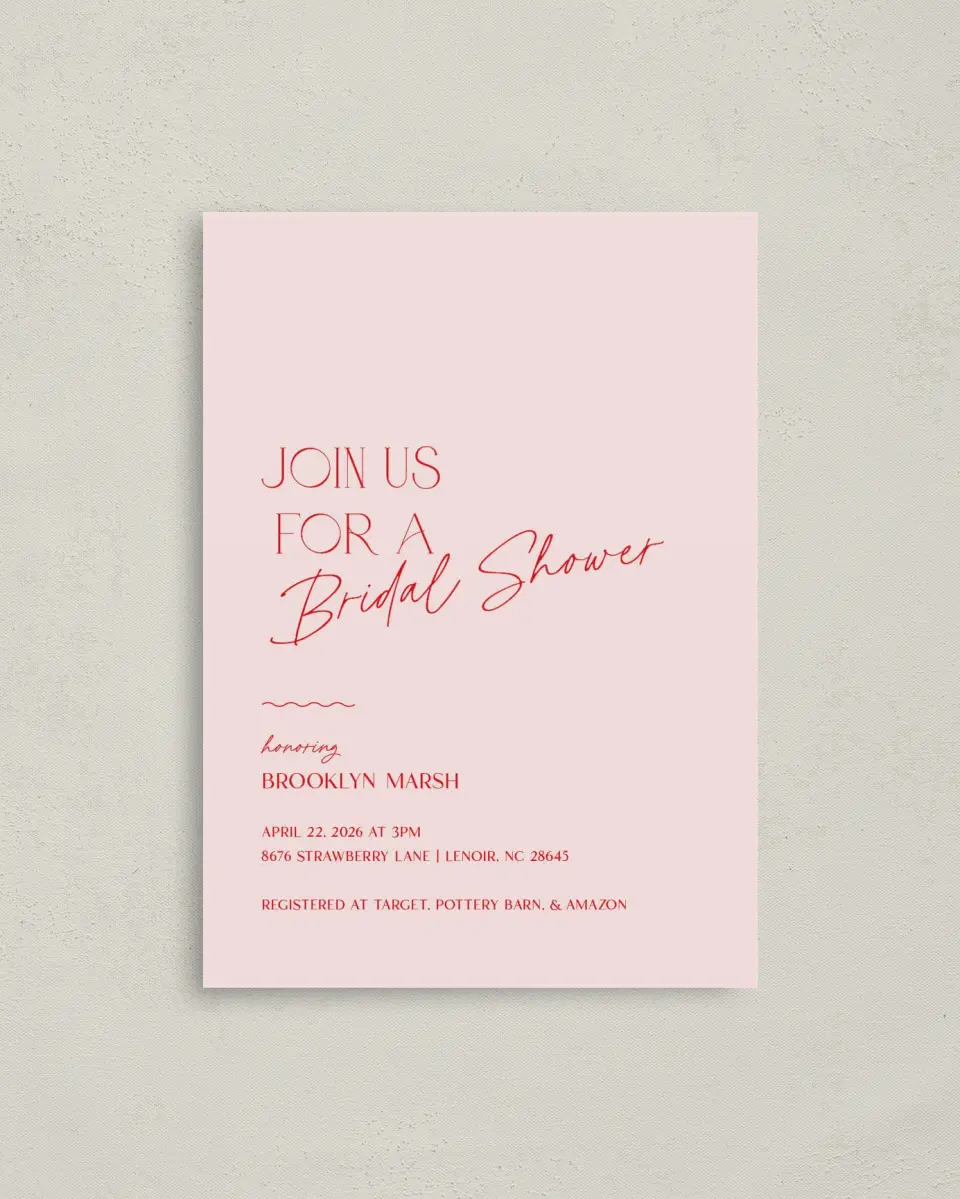 This is a 4" x 5.6" Bridal Shower Invitation Postcard called Contemporary Chic printed in full color with Gold foil on Soft Touch Finish paper