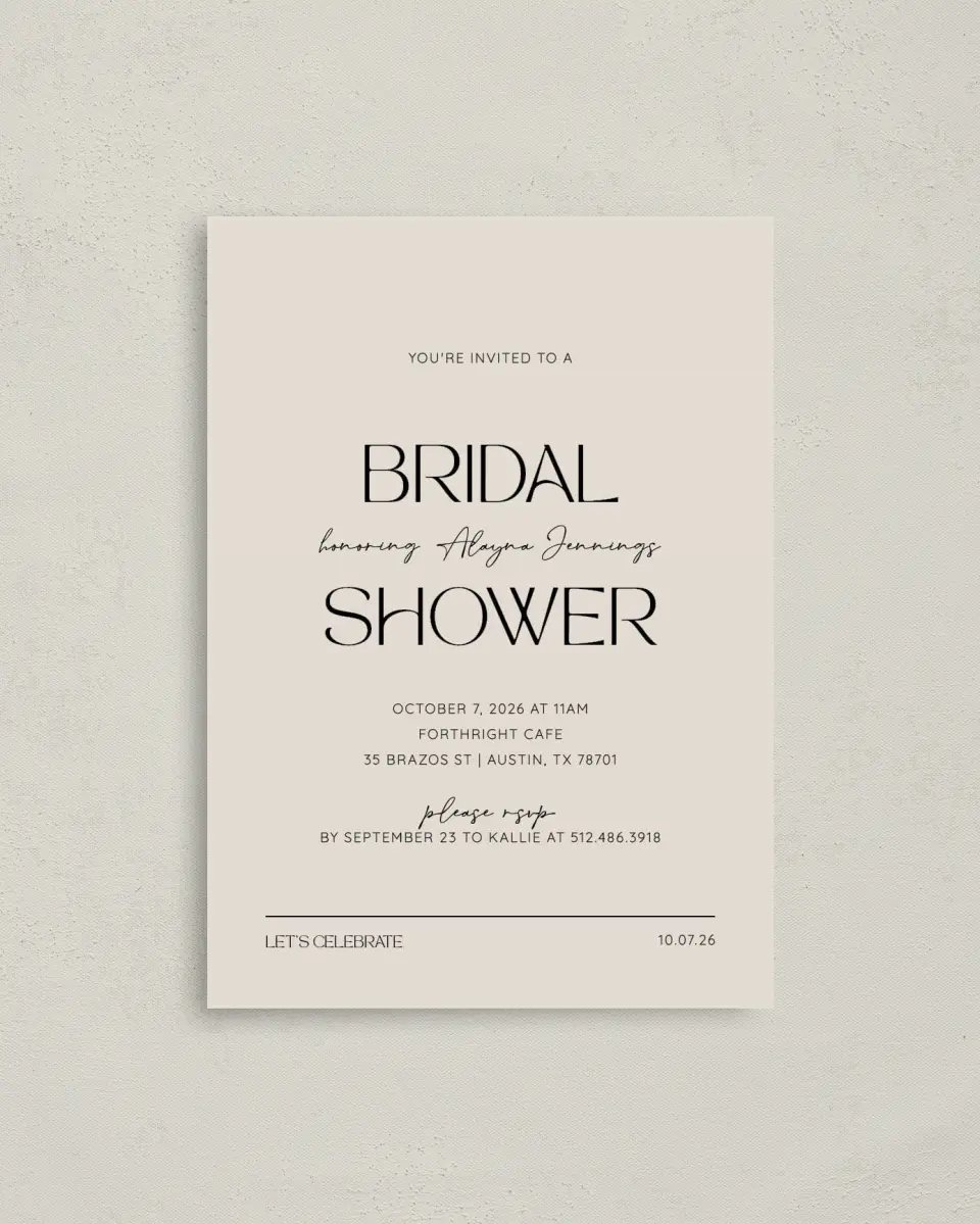 This is a 4" x 5.6" Bridal Shower Invitation Postcard called Honored Bride printed in full color with Rose Gold foil on Soft Touch Finish paper