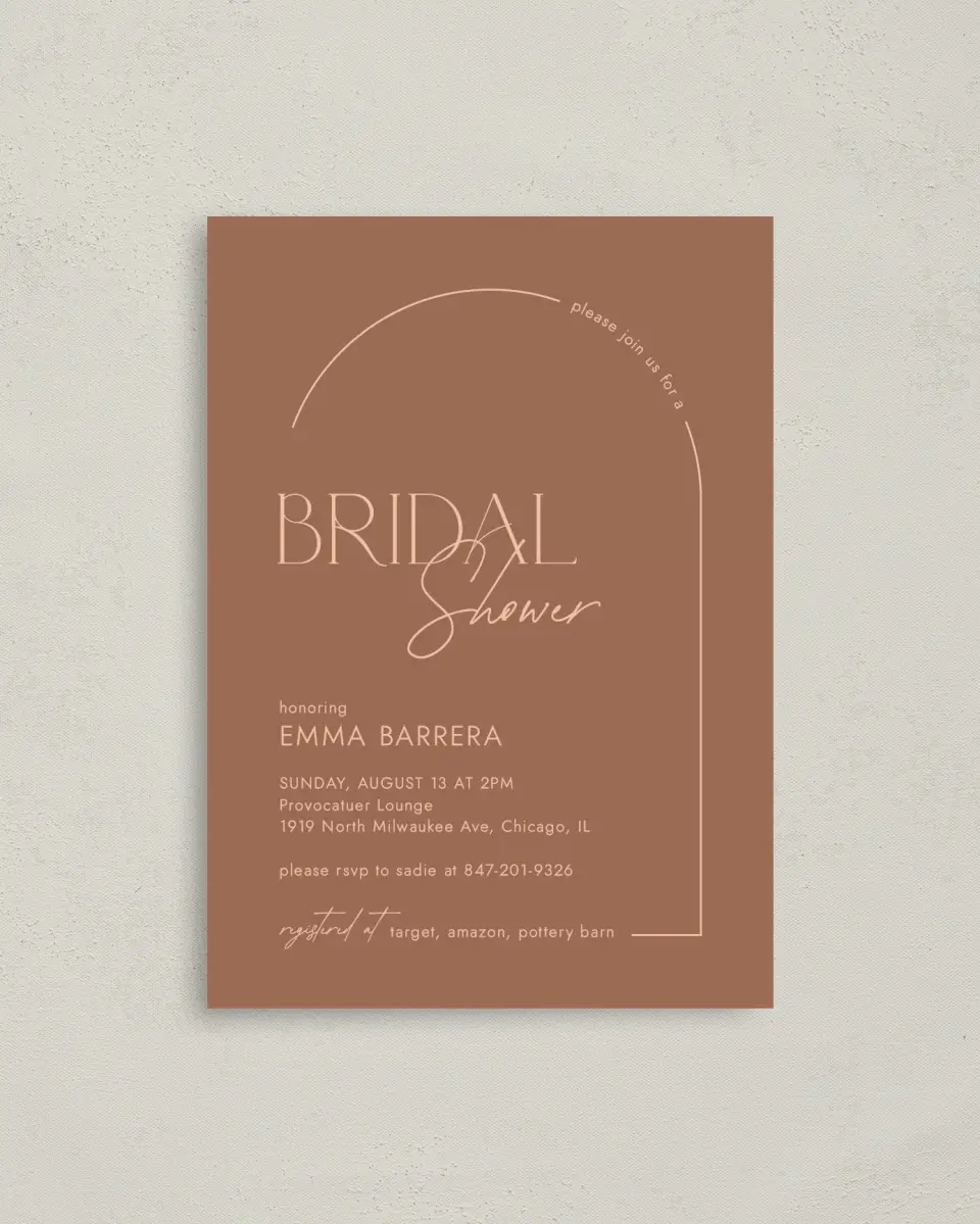 This is a 4" x 5.6" Bridal Shower Invitation Postcard called Mod Miss printed in full color with Gold foil on Soft Touch Finish paper