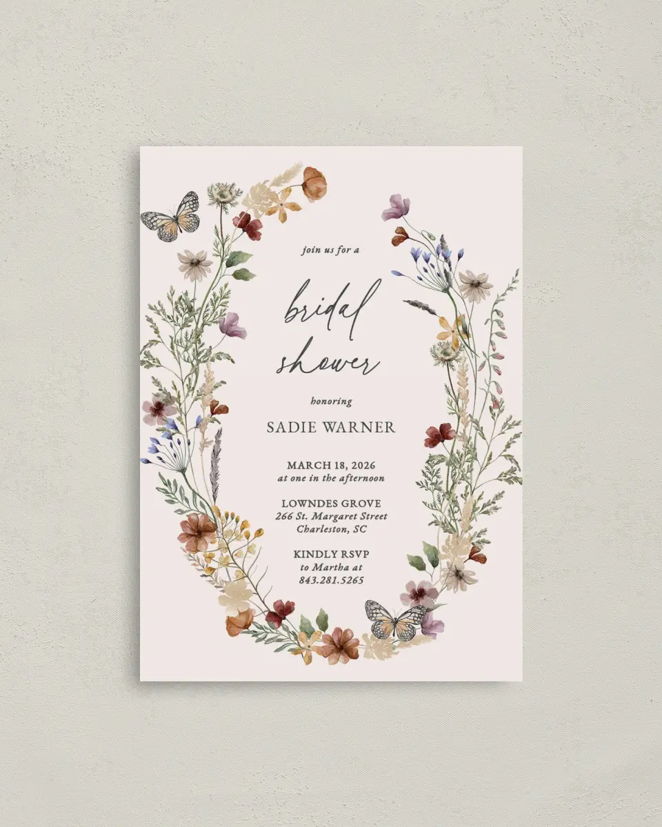 This is a 4" x 5.6" Bridal Shower Invitation Postcard called Gives Her Butterflies printed in full color on Soft Touch Finish paper