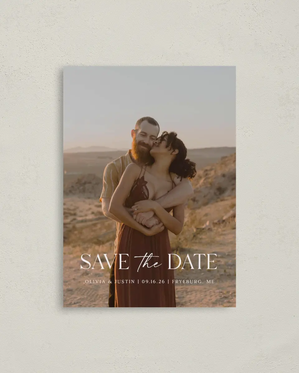 This is a 4" x 5.6" Save the Date Postcard called The Olivia printed in full color on Soft Touch Finish paper