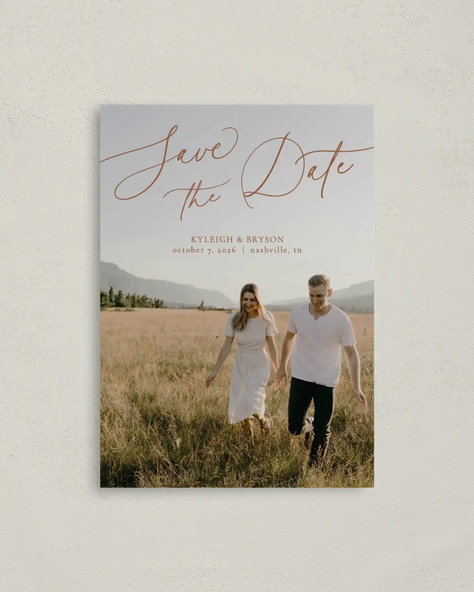 This is a 4" x 5.6" Save the Date Postcard called The Kyleigh printed in full color on Soft Touch Finish paper