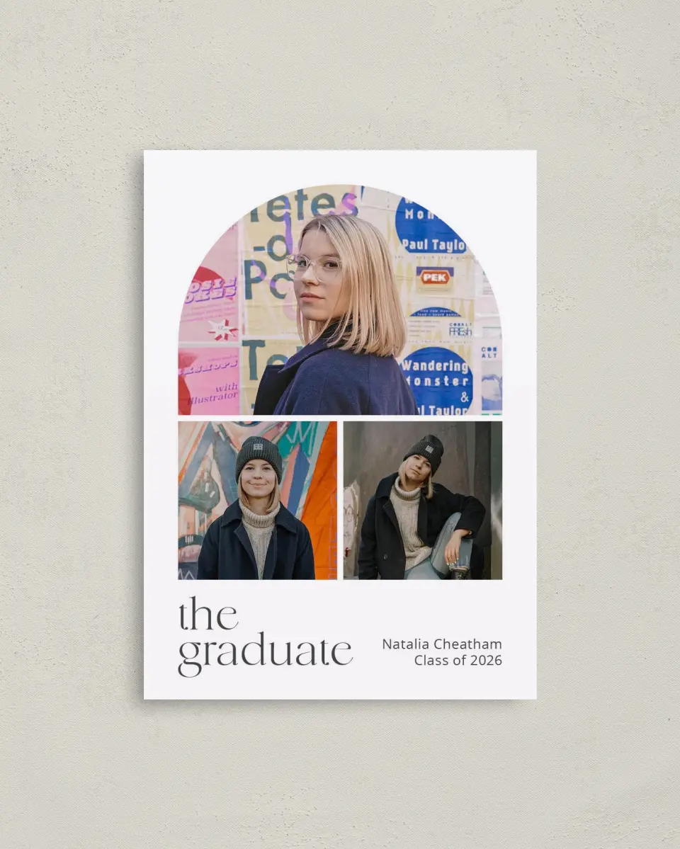 This is a 4" x 5.6" Graduation Announcement Postcard called The Graduate printed in full color on Soft Touch Finish paper