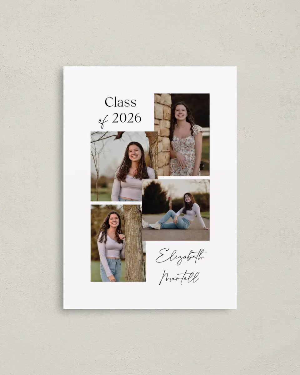 This is a 4" x 5.6" Graduation Announcement Postcard called Stacked Statement printed in full color with Silver foil on Soft Touch Finish paper
