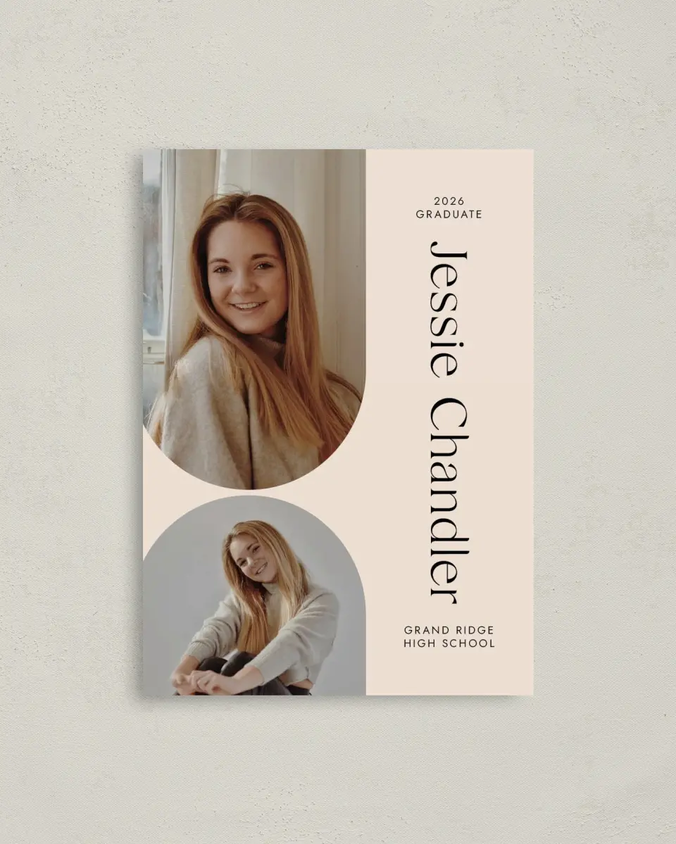 This is a 4" x 5.6" Graduation Announcement Postcard called Dynamic Duo printed in full color with Rose Gold foil on Soft Touch Finish paper