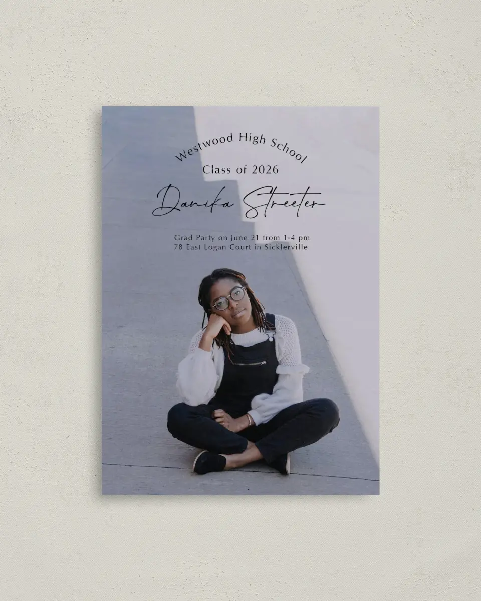 This is a 4" x 5.6" Graduation Announcement Postcard called Academic Arch printed in full color with Silver foil on Soft Touch Finish paper