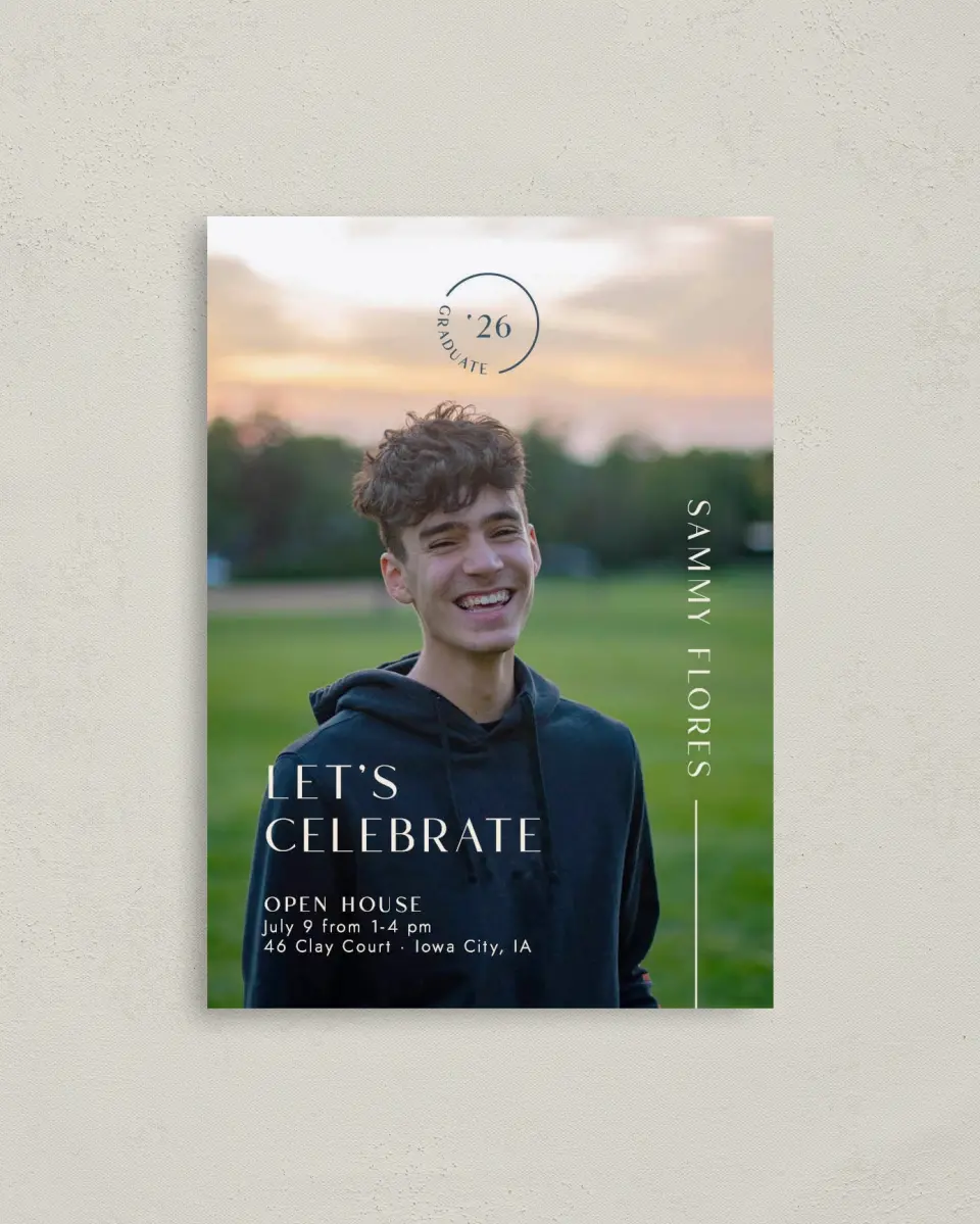 This is a 4" x 5.6" Graduation Announcement Postcard called Bold Badge printed in full color on Soft Touch Finish paper