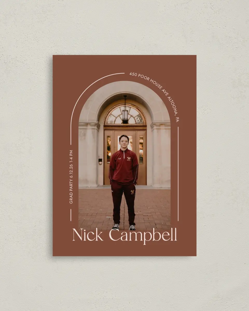 This is a 4" x 5.6" Graduation Announcement Postcard called Victory Lap printed in full color with Silver foil on Soft Touch Finish paper