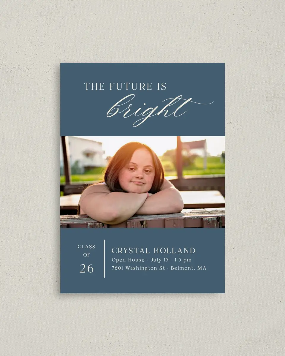 This is a 4" x 5.6" Graduation Announcement Postcard called Bright Beginnings printed in full color with Silver foil on Soft Touch Finish paper