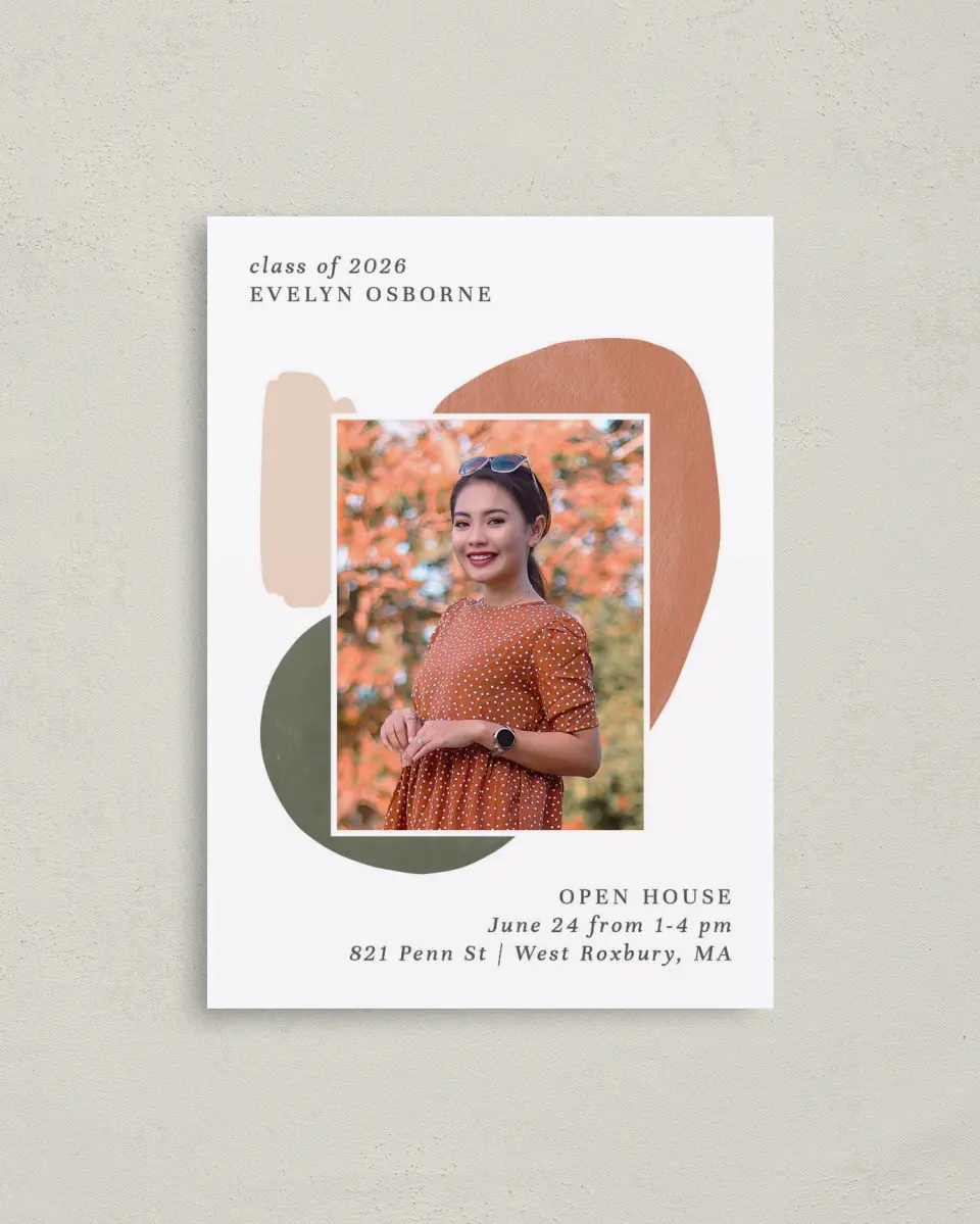 This is a 4" x 5.6" Graduation Announcement Postcard called Painted Progress printed in full color with Rose Gold foil on Soft Touch Finish paper