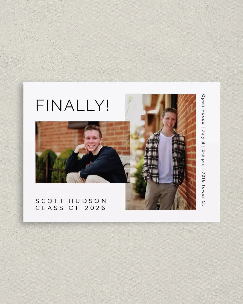 This is a 4" x 5.6" Graduation Announcement Postcard called Grand Finale printed in full color on Soft Touch Finish paper