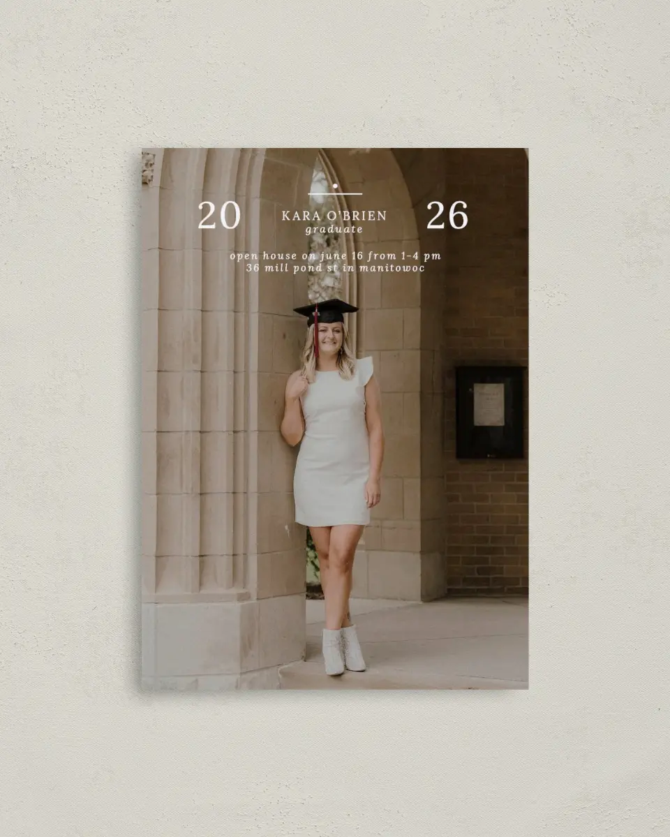 This is a 4" x 5.6" Graduation Announcement Postcard called Daring Dreams printed in full color on Soft Touch Finish paper