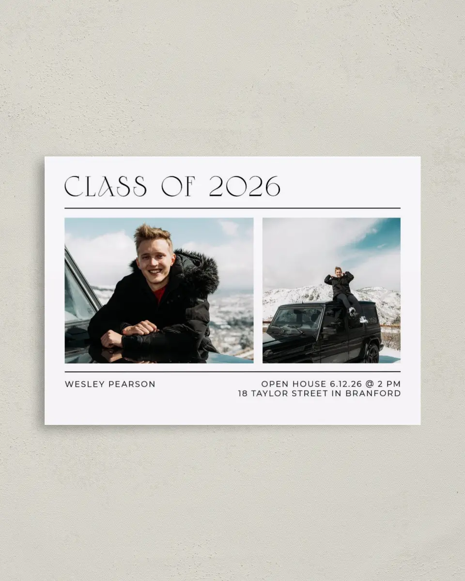 This is a 4" x 5.6" Graduation Announcement Postcard called Big Finish printed in full color on Soft Touch Finish paper