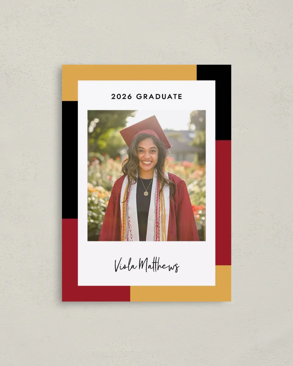This is a 4" x 5.6" Graduation Announcement Postcard called Proud Pursuit printed in full color with Rose Gold foil on Soft Touch Finish paper