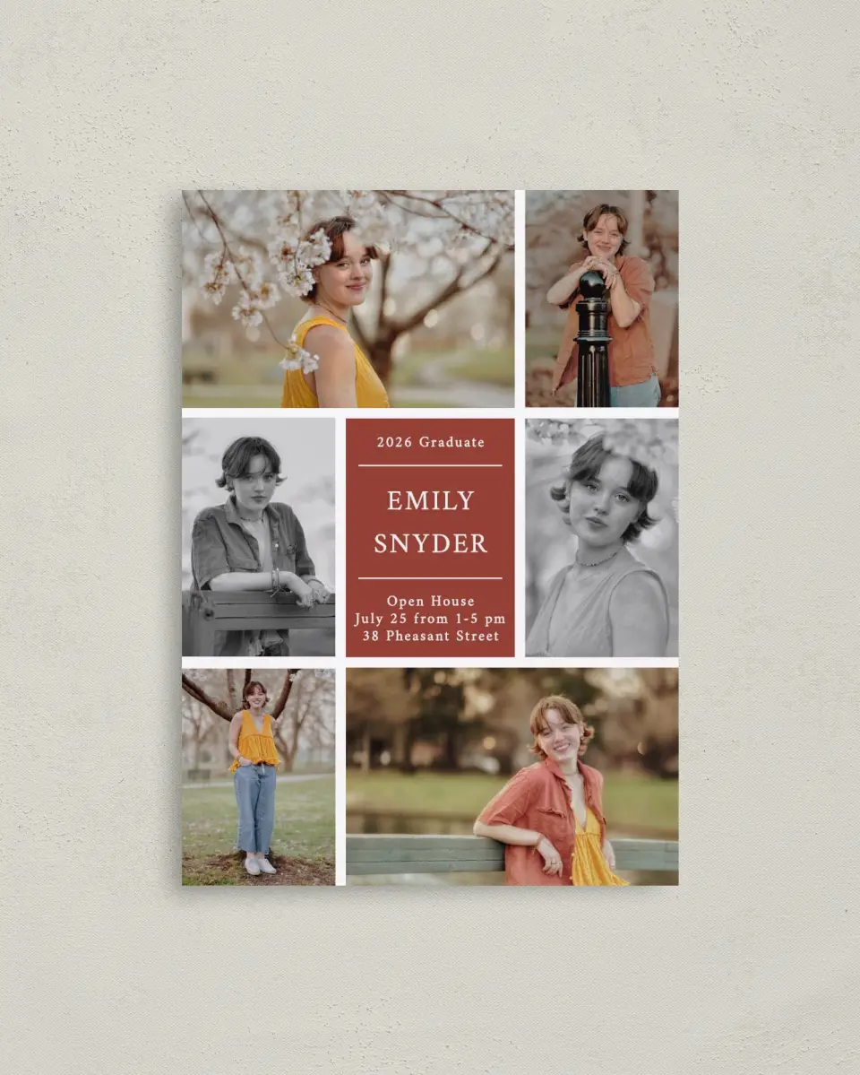 This is a 4" x 5.6" Graduation Announcement Postcard called Academic Arrangement printed in full color with Silver foil on Soft Touch Finish paper