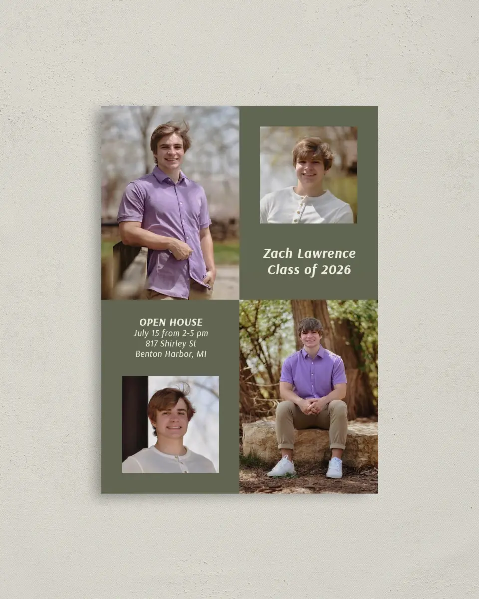 This is a 4" x 5.6" Graduation Announcement Postcard called Simple Snapshot printed in full color with Gold foil on Soft Touch Finish paper