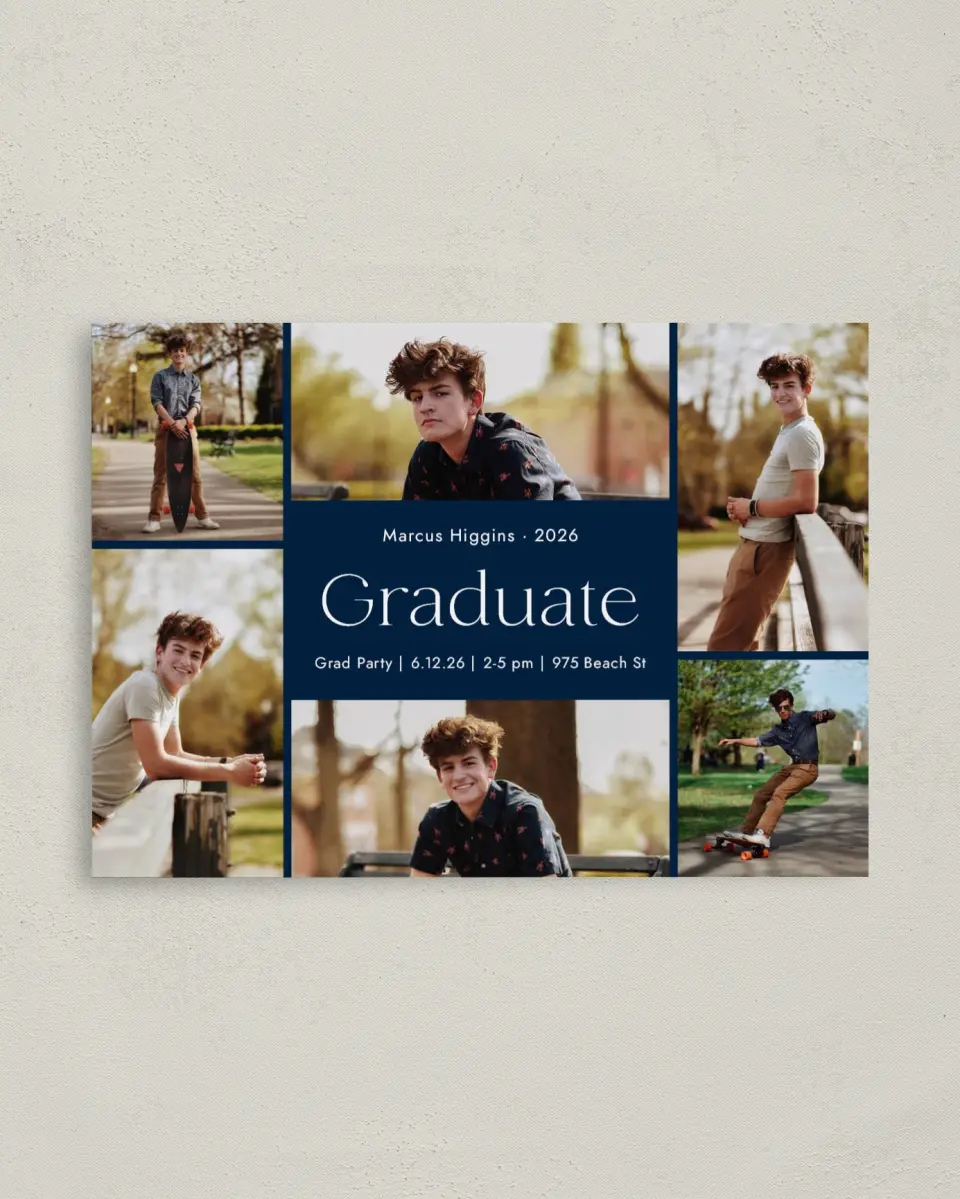 This is a 4" x 5.6" Graduation Announcement Postcard called Commencement Collage printed in full color on Soft Touch Finish paper