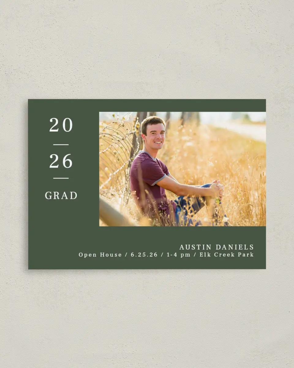 This is a 4" x 5.6" Graduation Announcement Postcard called Timeless Graduate printed in full color on Soft Touch Finish paper