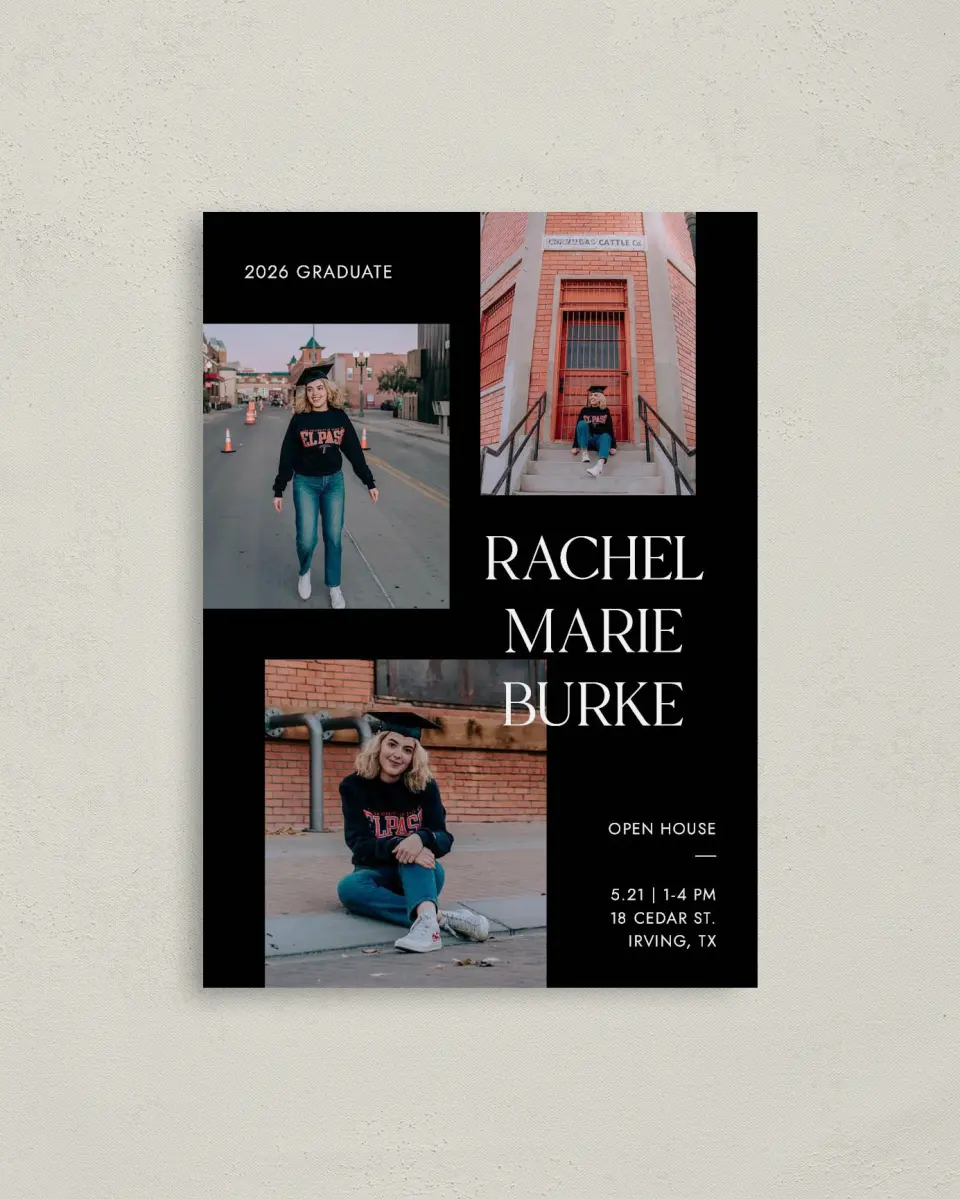 This is a 4" x 5.6" Graduation Announcement Postcard called Talented Trio printed in full color on Soft Touch Finish paper
