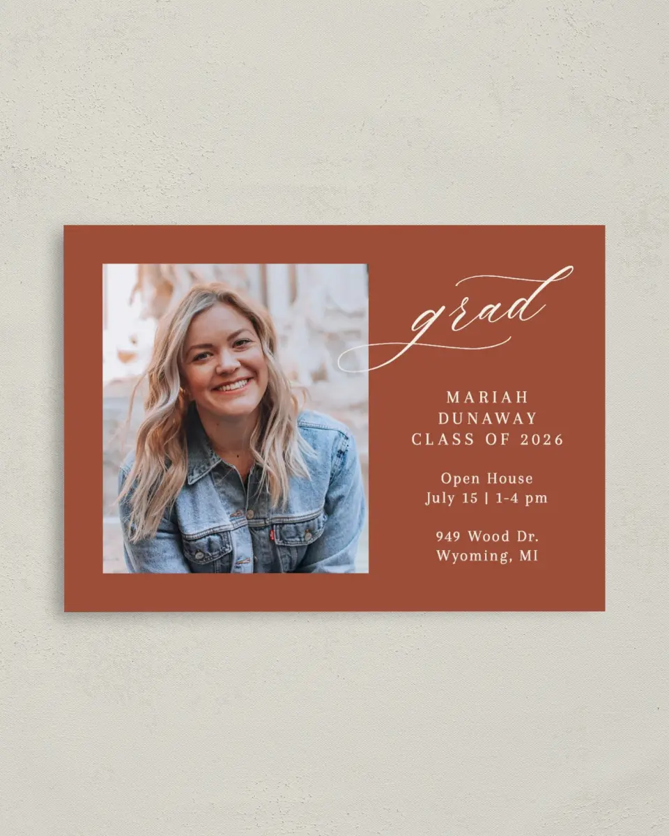 This is a 4" x 5.6" Graduation Announcement Postcard called Scripted Scholar printed in full color on Soft Touch Finish paper