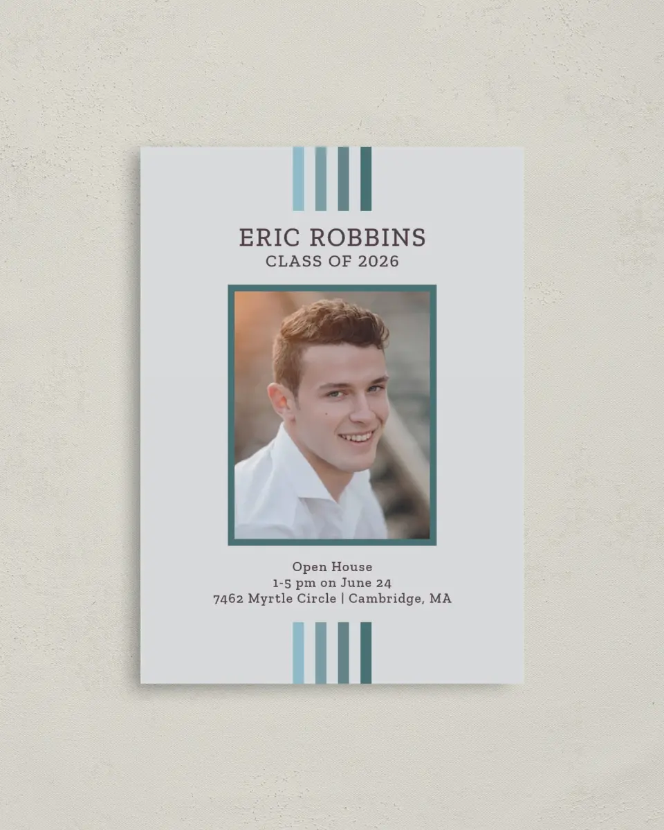 This is a 4" x 5.6" Graduation Announcement Postcard called Successful Stripes printed in full color with Gold foil on Soft Touch Finish paper