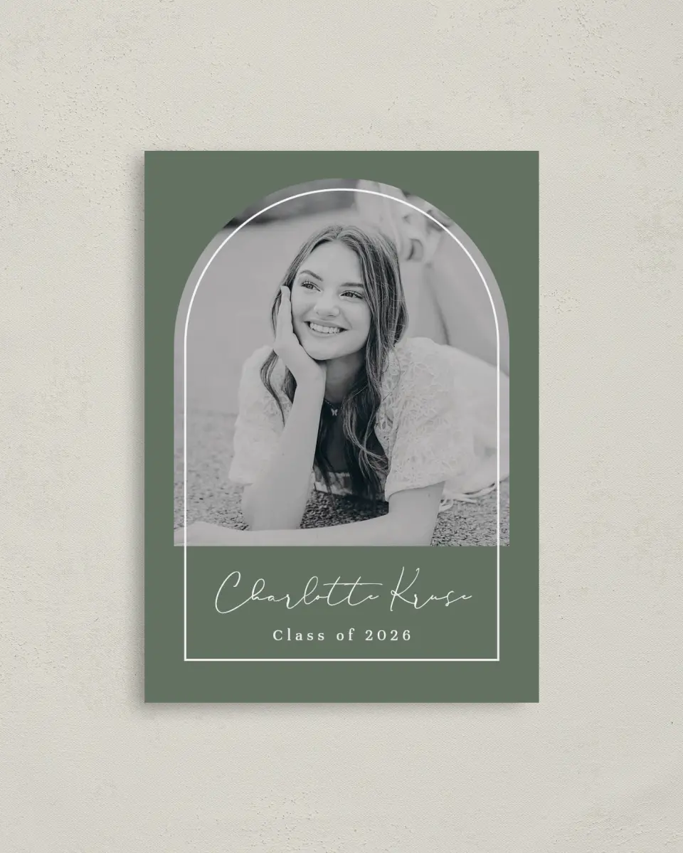 This is a 4" x 5.6" Graduation Announcement Postcard called Arched Frame printed in full color with Silver foil on Soft Touch Finish paper