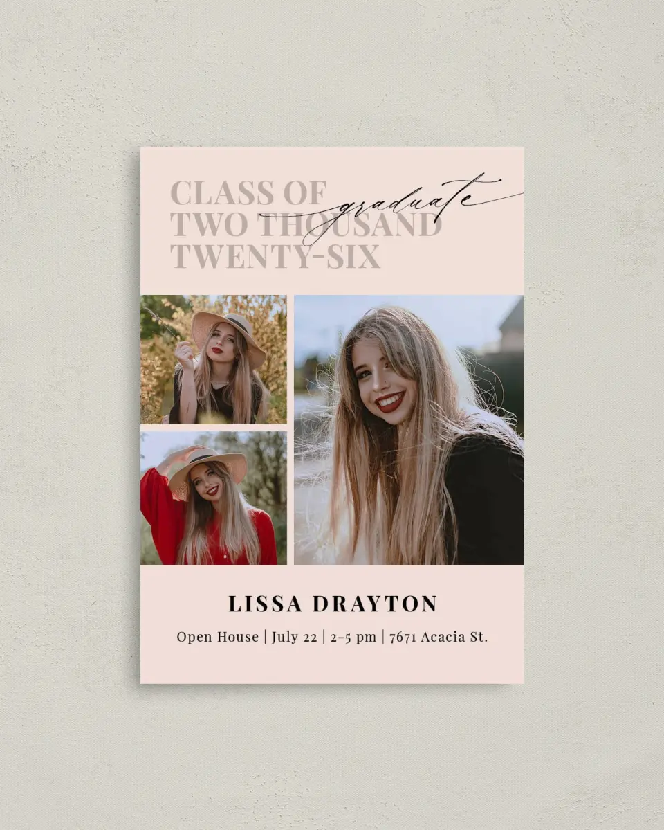 This is a 4" x 5.6" Graduation Announcement Postcard called Big Year printed in full color on Soft Touch Finish paper