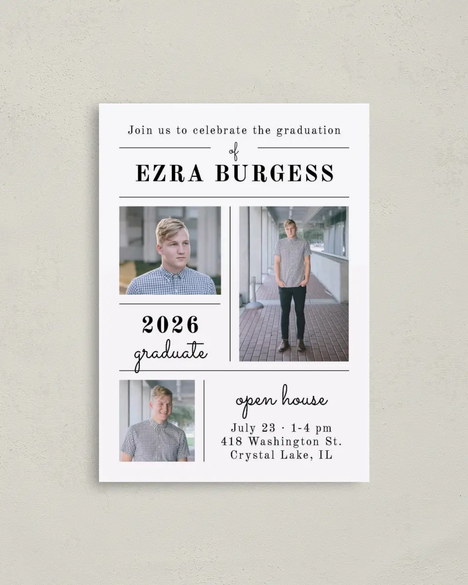 This is a 4" x 5.6" Graduation Announcement Postcard called Grand Grid printed in full color on Soft Touch Finish paper