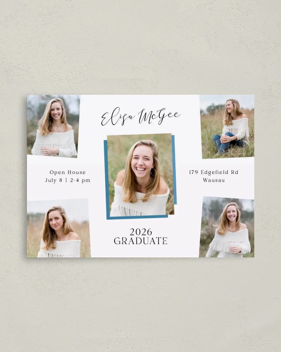 This is a 4" x 5.6" Graduation Announcement Postcard called Fearless Five printed in full color on Soft Touch Finish paper