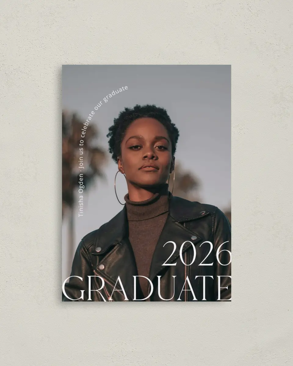 This is a 4" x 5.6" Graduation Announcement Postcard called Cool Confidence printed in full color with Silver foil on Soft Touch Finish paper