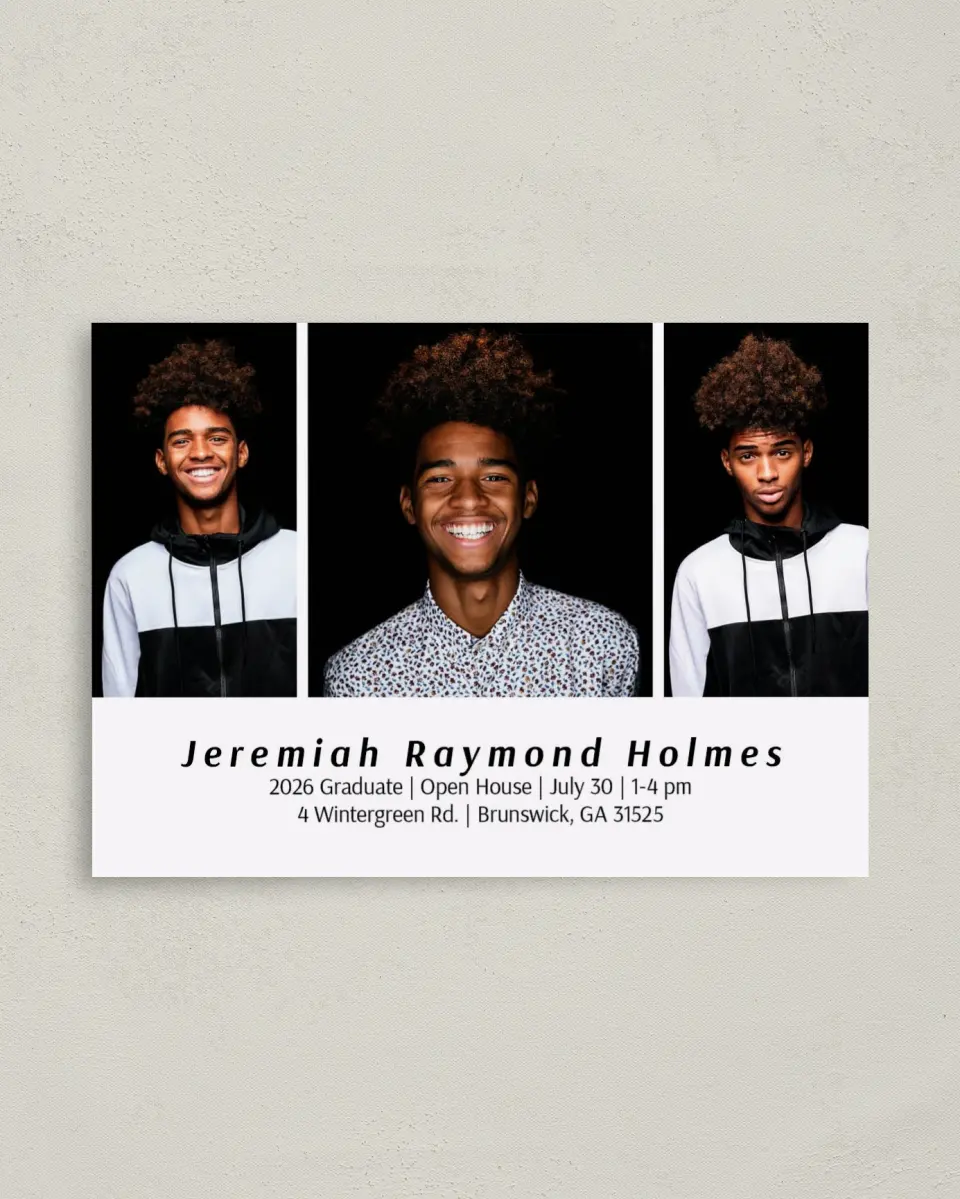 This is a 4" x 5.6" Graduation Announcement Postcard called Great Name printed in full color on Soft Touch Finish paper