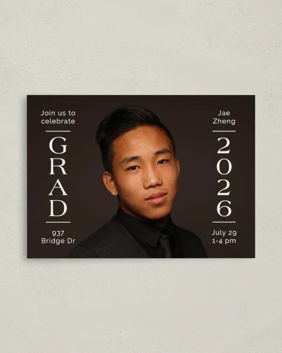 This is a 4" x 5.6" Graduation Announcement Postcard called Grand Milestone printed in full color on Soft Touch Finish paper