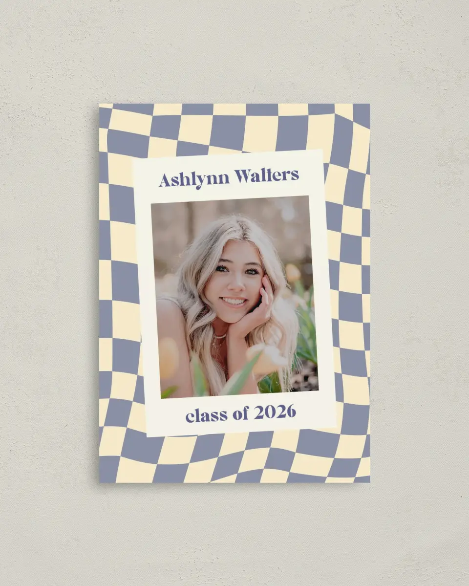 This is a 4" x 5.6" Graduation Announcement Postcard called Checkered Credit printed in full color with Rose Gold foil on Soft Touch Finish paper