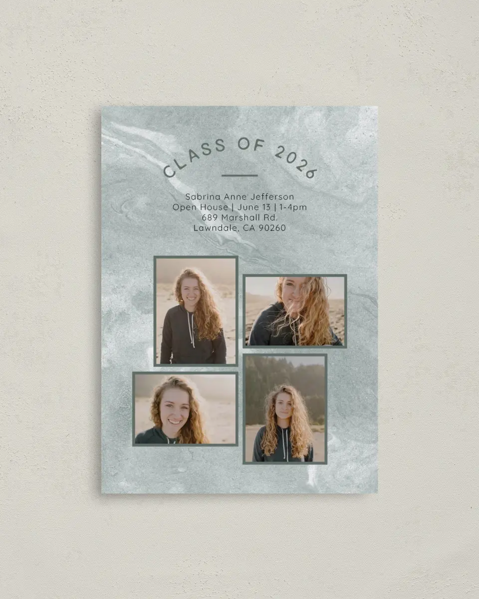 This is a 4" x 5.6" Graduation Announcement Postcard called Fresh Four printed in full color with Rose Gold foil on Soft Touch Finish paper