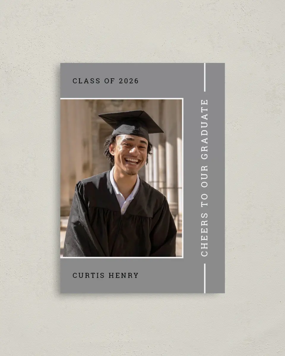 This is a 4" x 5.6" Graduation Announcement Postcard called Serious Scholar printed in full color with Silver foil on Soft Touch Finish paper