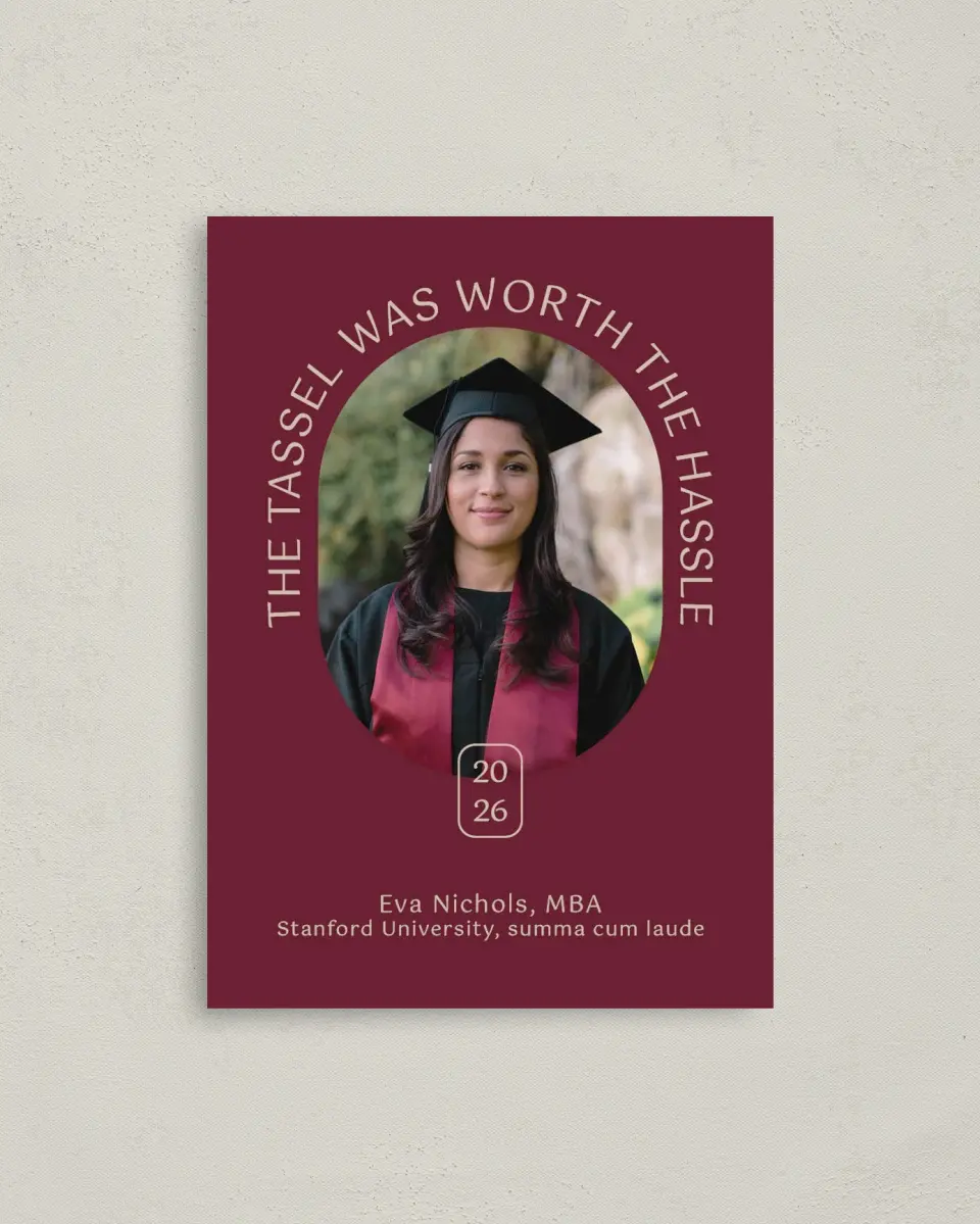 This is a 4" x 5.6" Graduation Announcement Postcard called Worth the Hassle printed in full color with Rose Gold foil on Soft Touch Finish paper