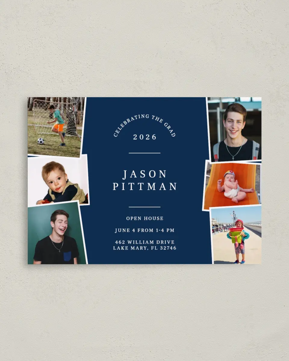 This is a 4" x 5.6" Graduation Announcement Postcard called Through the Years printed in full color on Soft Touch Finish paper