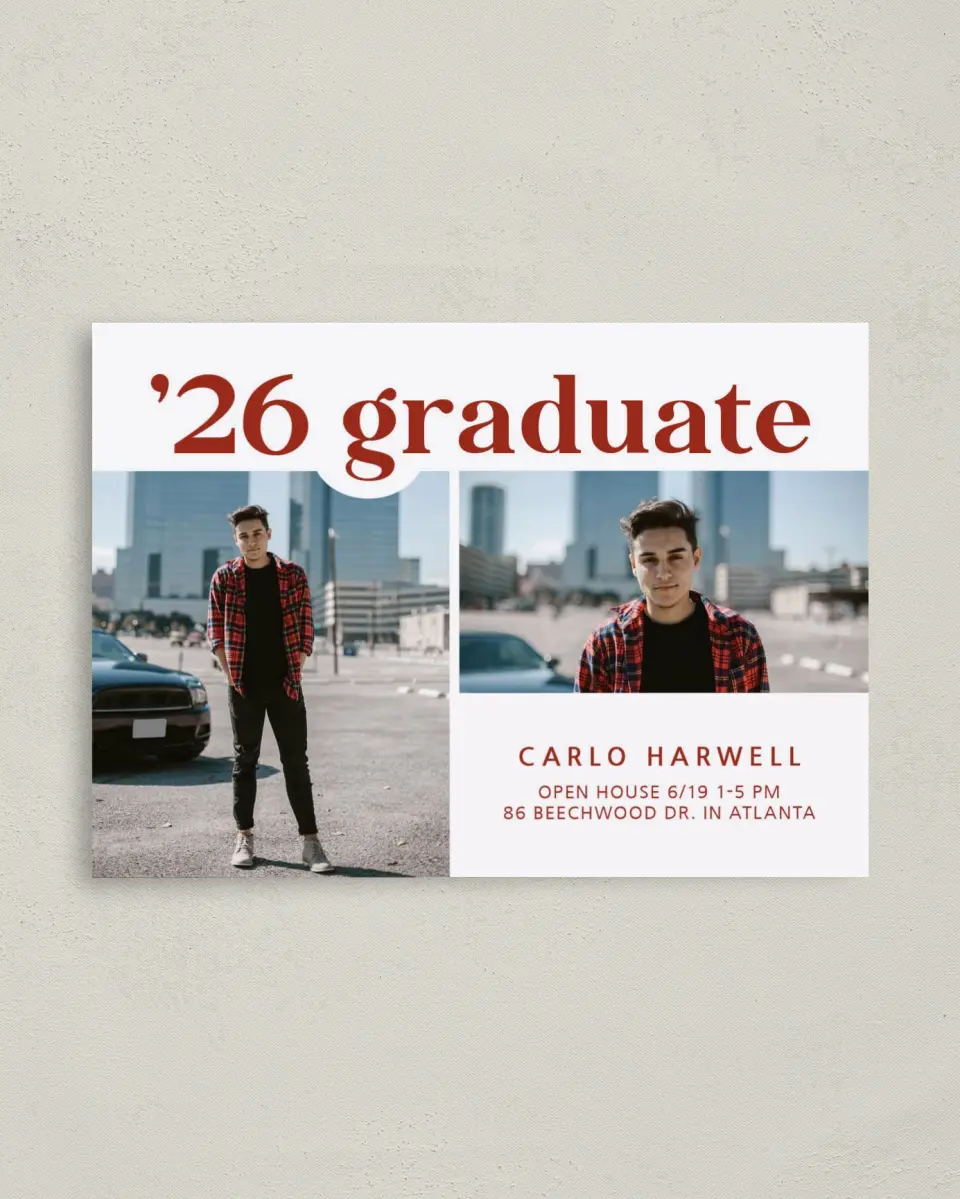 This is a 4" x 5.6" Graduation Announcement Postcard called Daring Grad printed in full color on Soft Touch Finish paper