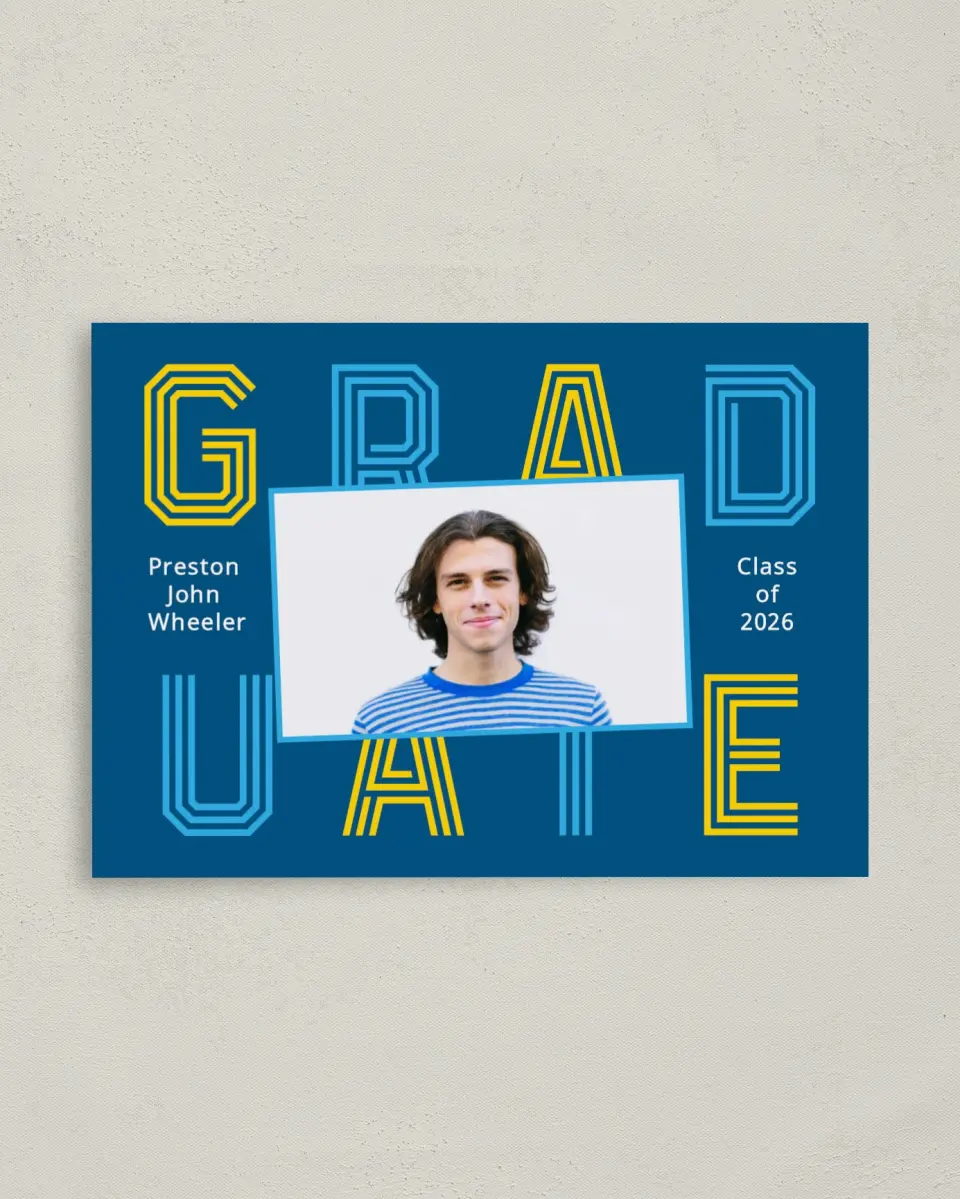 This is a 4" x 5.6" Graduation Announcement Postcard called Lively Lines printed in full color on Soft Touch Finish paper