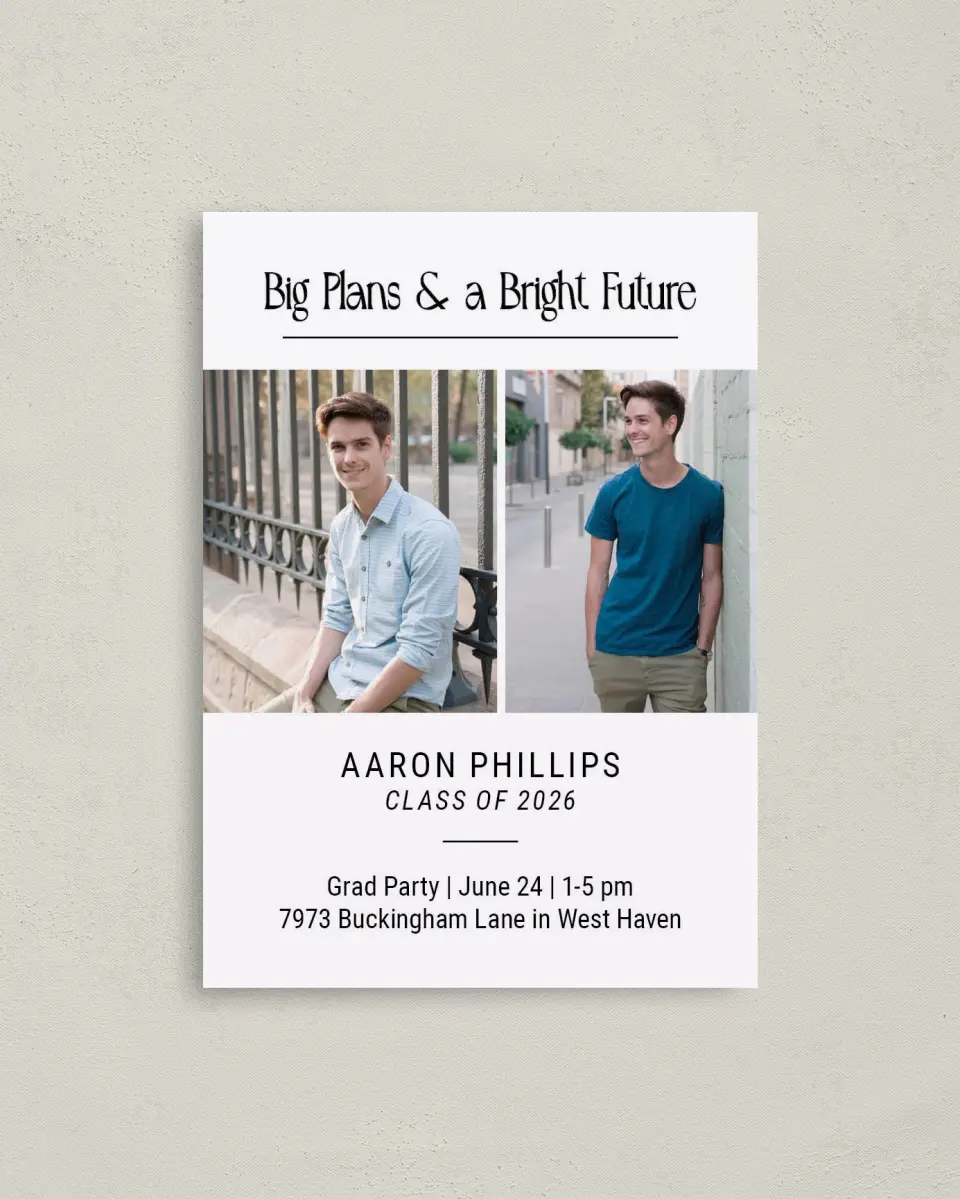 This is a 4" x 5.6" Graduation Announcement Postcard called Proud Prestige printed in full color with Rose Gold foil on Soft Touch Finish paper