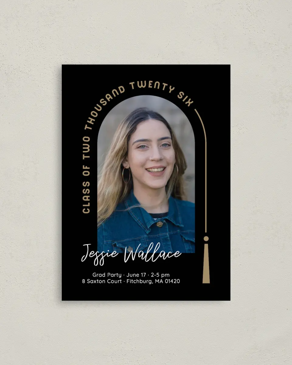 This is a 4" x 5.6" Graduation Announcement Postcard called Timeless Tassel printed in full color with Gold foil on Soft Touch Finish paper