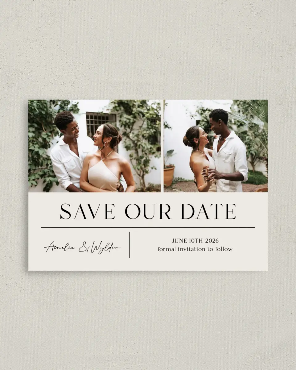 This is a 4" x 5.6" Save the Date Postcard called Noble Names printed in full color on Soft Touch Finish paper