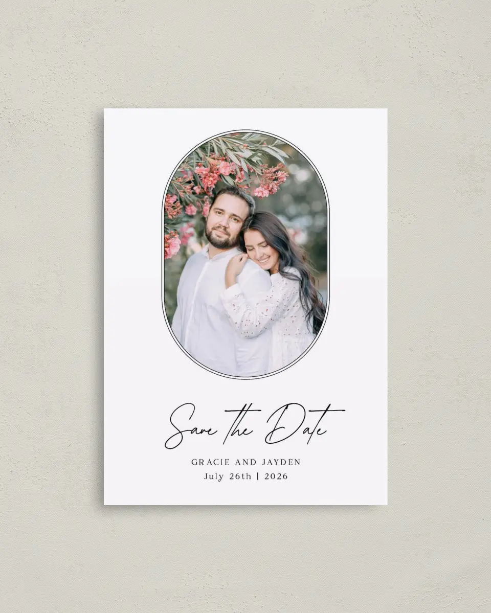 This is a 4" x 5.6" Save the Date Postcard called Dramatic Date printed in full color on Soft Touch Finish paper