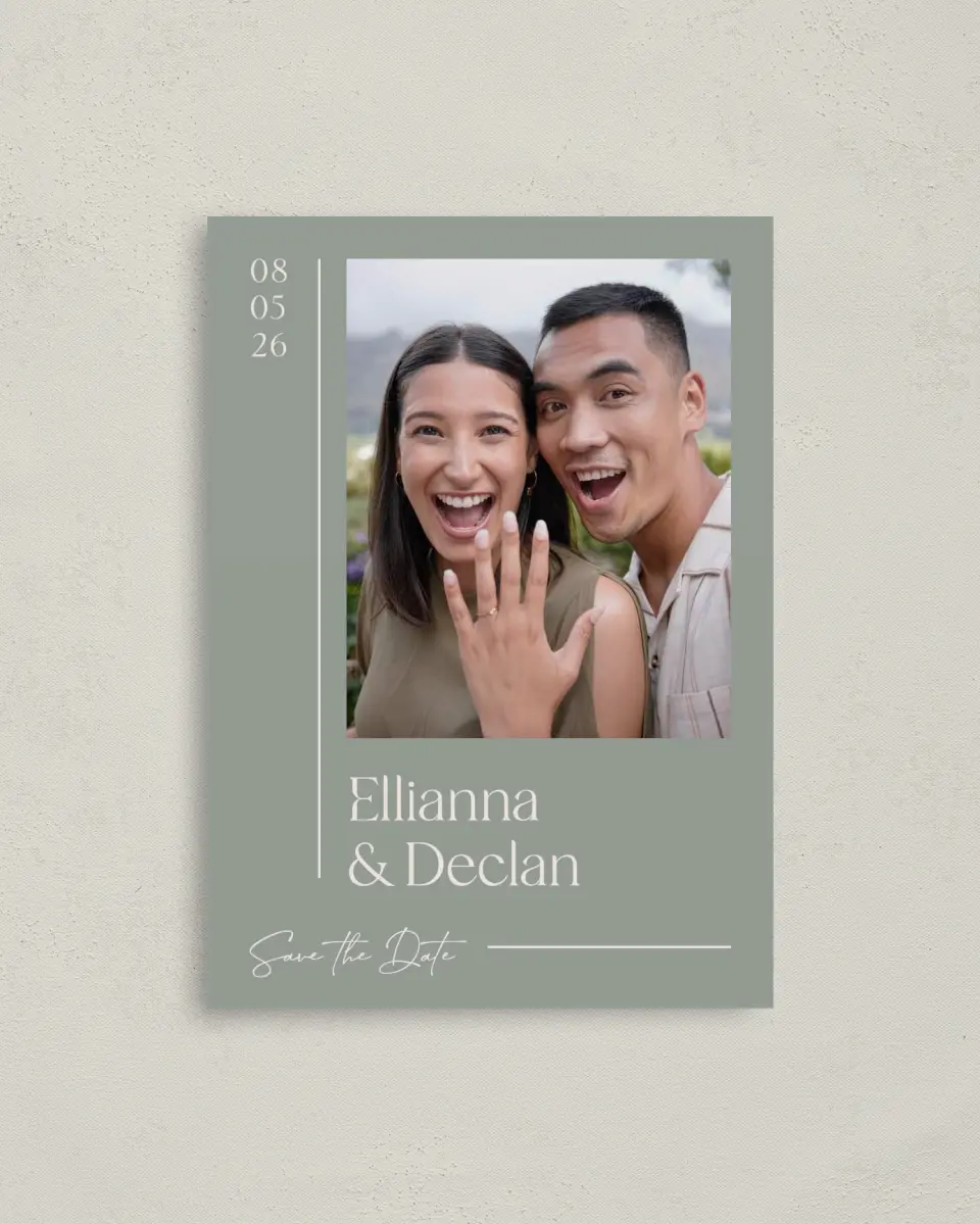 This is a 4" x 5.6" Save the Date Postcard called Elegant Lines printed in full color on Soft Touch Finish paper