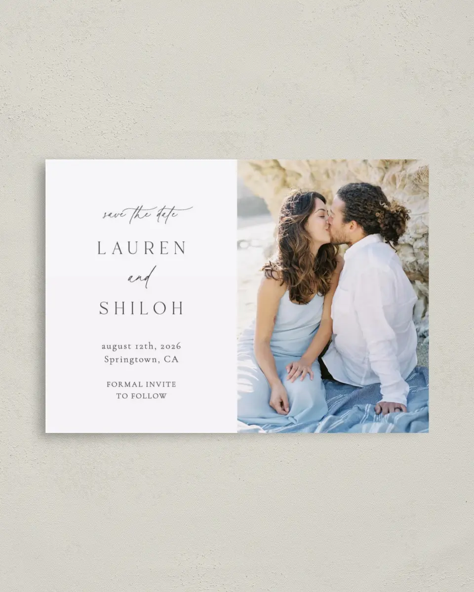 This is a 4" x 5.6" Save the Date Postcard called Cute + Charming printed in full color on Soft Touch Finish paper
