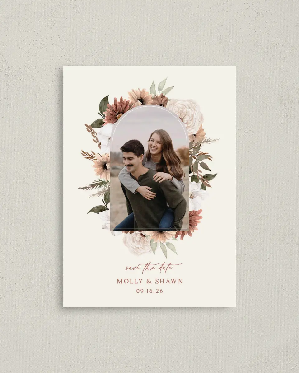 This is a 4" x 5.6" Save the Date Postcard called Autumn Blooms printed in full color with Rose Gold foil on Soft Touch Finish paper